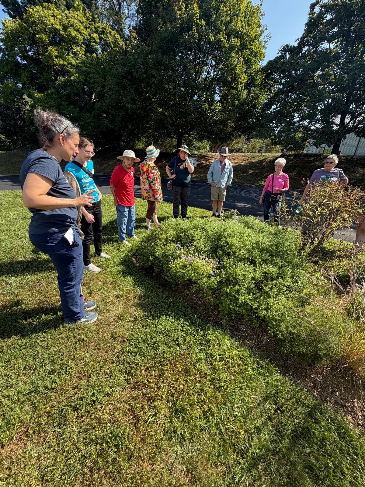 Participants observing plants and garden features during the Sacred Grounds Tour.